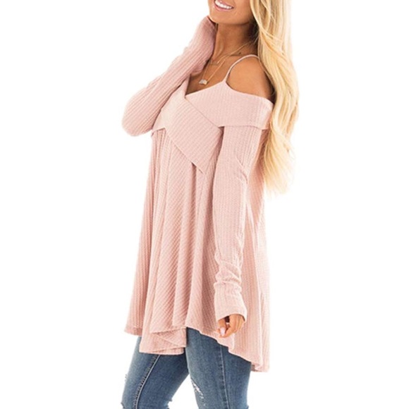 NEW💥Soft Pink Waffle Off Shoulder Tunic, S-XL - Picture 4 of 8